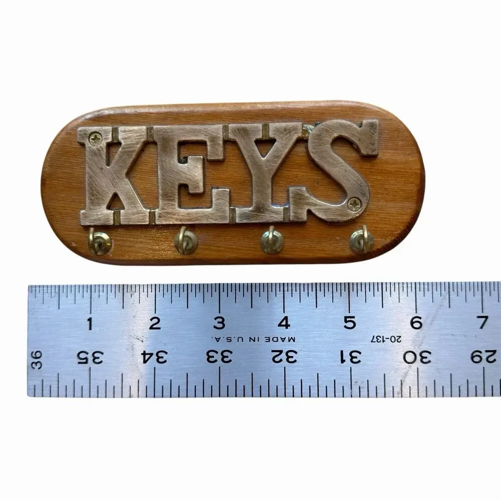 Vintage Wood Metal KEYS Wall Key Holder Rack 4 Hooks Made in Taiwan Rustic Decor